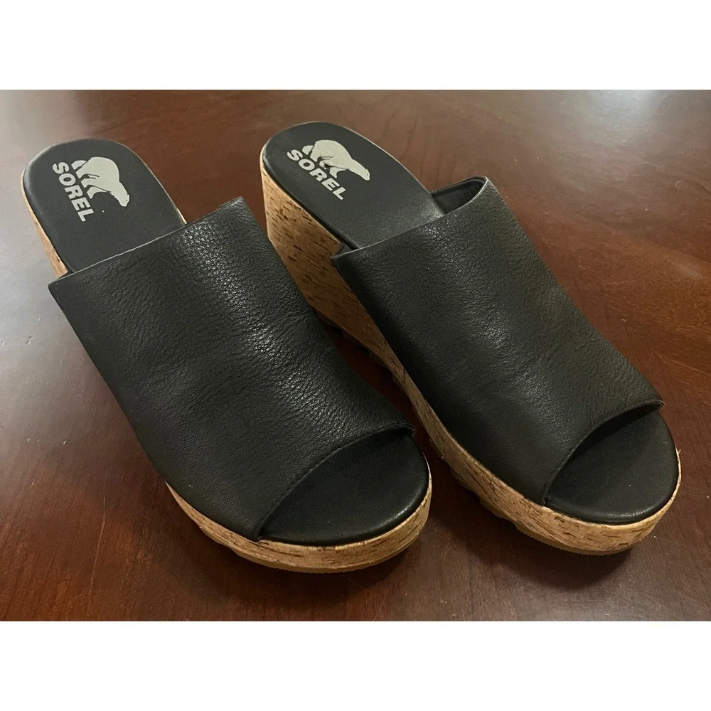 Sorel Cameron Flatform Wedge Mules Black Leather Cork Sandals NL4643-011 Size 12